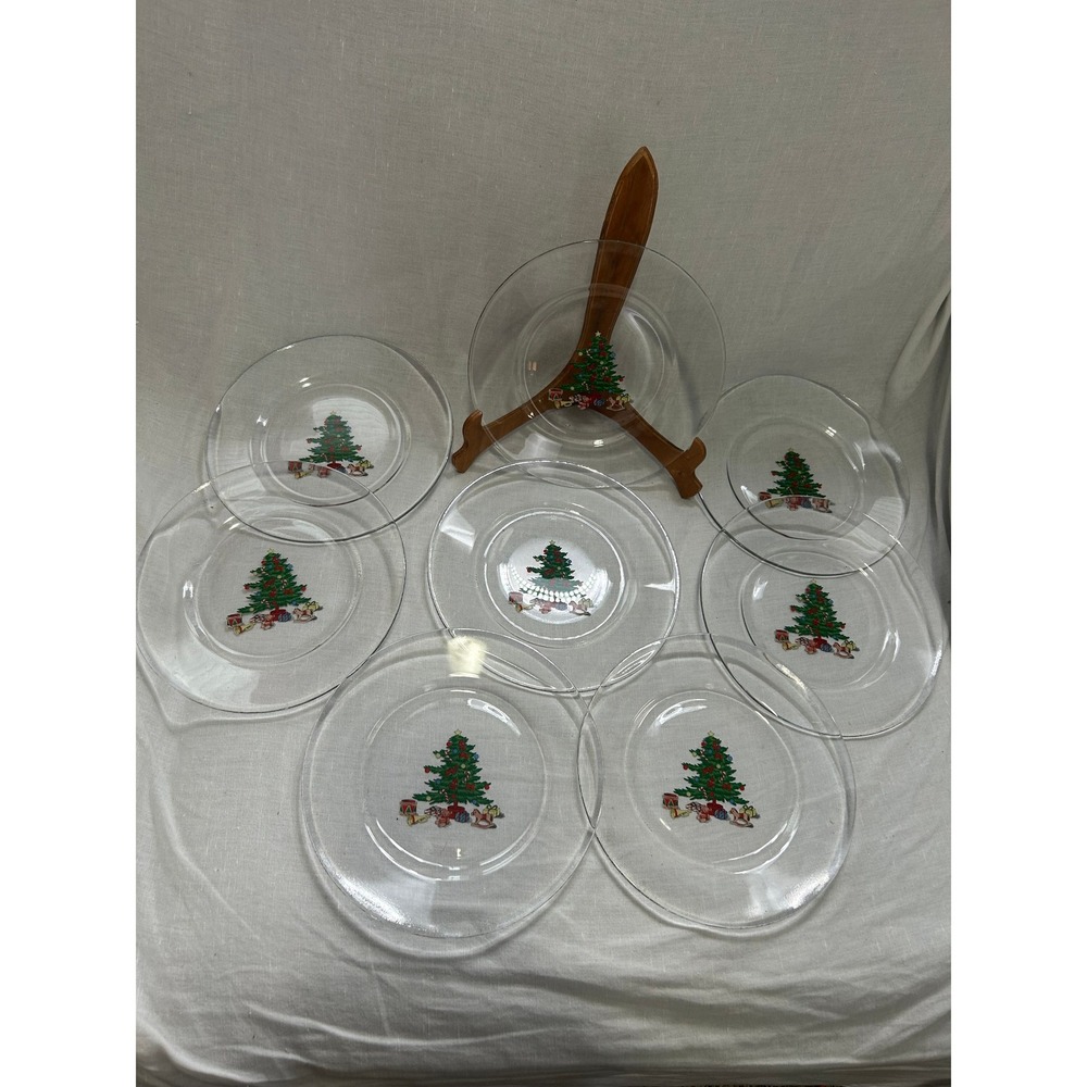 Arcoroc France Set of 8 Glass Christmas Tree Presents Holiday Plates #202‎
